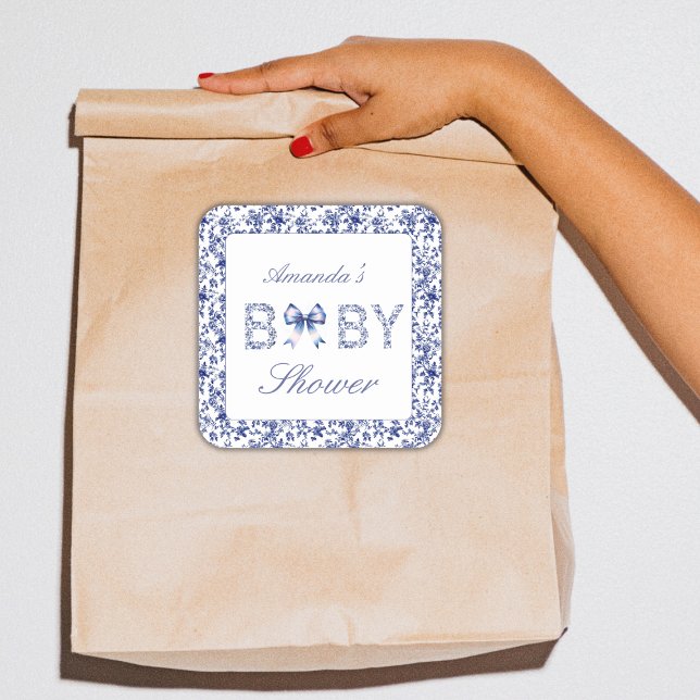 Pegatina Cuadrada Elegante Blue Toile de Jouy y Bow Baby Shower (Subido por el creador)