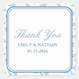 Pegatina Cuadrada Elegante Boda Azul Jardín Personalizado Gracias