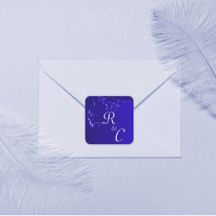 Pegatina Cuadrada Elegante Boda Azul Real Monogramado