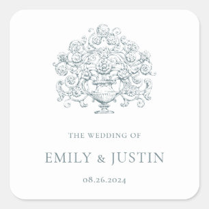 Pegatina Cuadrada Elegante Boda barroco azul turbio