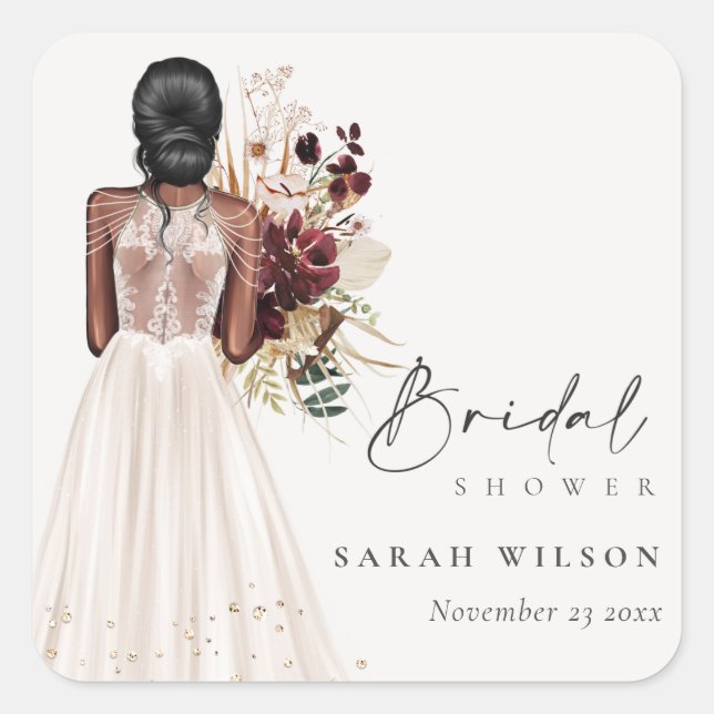 Pegatina Cuadrada Elegante Boda blanco Boho con traje de novia Showe (Anverso)