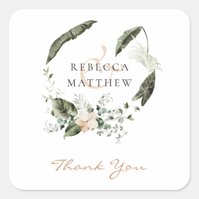 Pegatina Cuadrada Elegante Boda Boho Floral Greenery (Anverso)