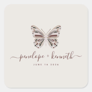 Pegatina Cuadrada Elegante Boda Boho Mariposa Burdeos Taupe