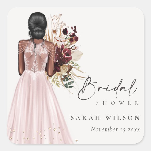 Pegatina Cuadrada Elegante Boda Boho Rubor Gown Bridal Shower (Anverso)