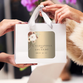 Pegatina Cuadrada Elegante Boda Boho Wildflowers Gold