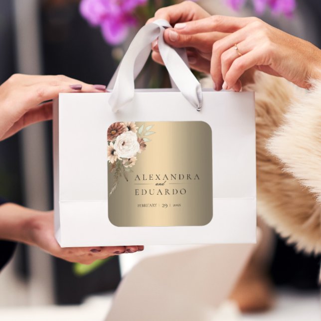 Pegatina Cuadrada Elegante Boda Boho Wildflowers Gold (Subido por el creador)