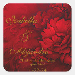 Pegatina Cuadrada Elegante Boda Borgoña y Floral Roja