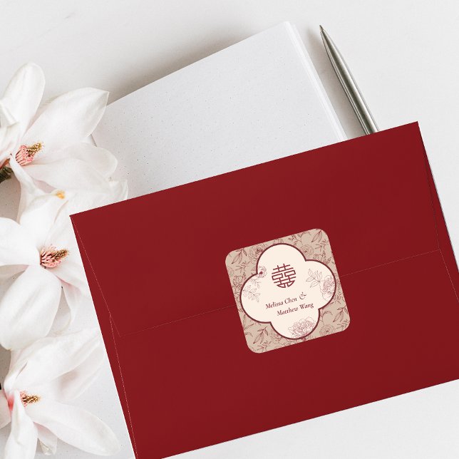 Pegatina Cuadrada Elegante Boda chino Xi doble flor (Elegant Flower Double Xi Chinese Wedding Square Sticker)