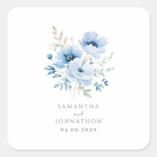 Pegatina Cuadrada Elegante boda de acuarela floral azul