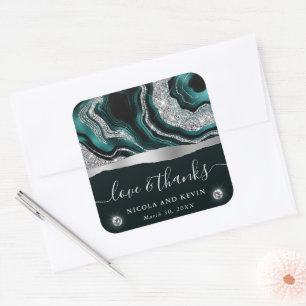 Pegatina Cuadrada Elegante Boda de Ágata con Hojalata Teal y Brillo 