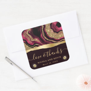 Pegatina Cuadrada Elegante boda de ágata con papel de aluminio rojo 