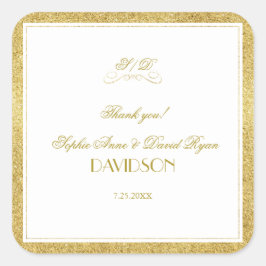 Pegatina Cuadrada Elegante Boda de borde dorado y blanco