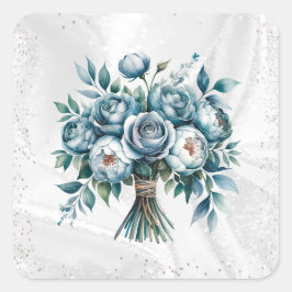 Pegatina Cuadrada Elegante Boda de Bouquet de Plata Azul Dusty