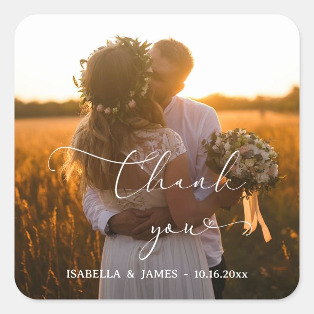 Pegatina Cuadrada Elegante Boda de caligrafía foto gracias (Anverso)