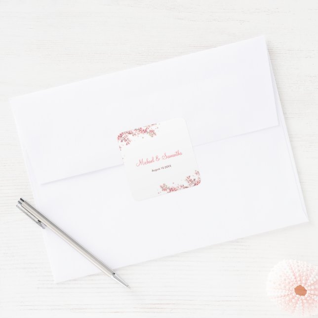 Pegatina Cuadrada Elegante Boda de cerezo en flor (Sobre)