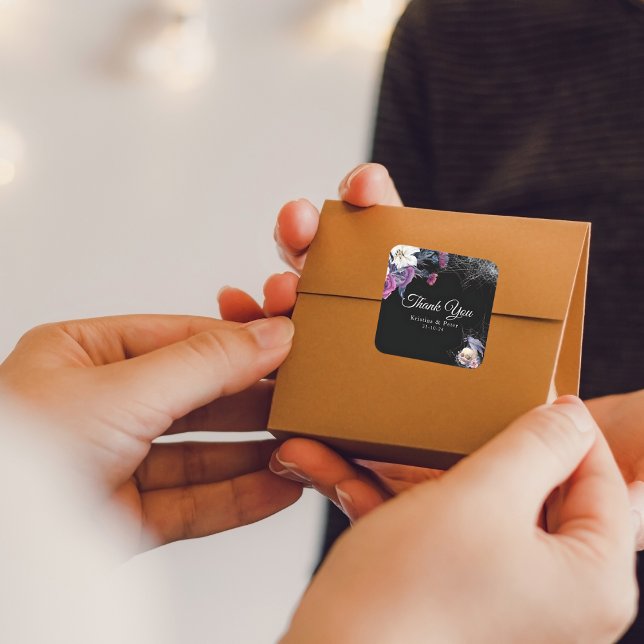 Pegatina Cuadrada Elegante Boda de cráneo floral gótico morado negro (Subido por el creador)