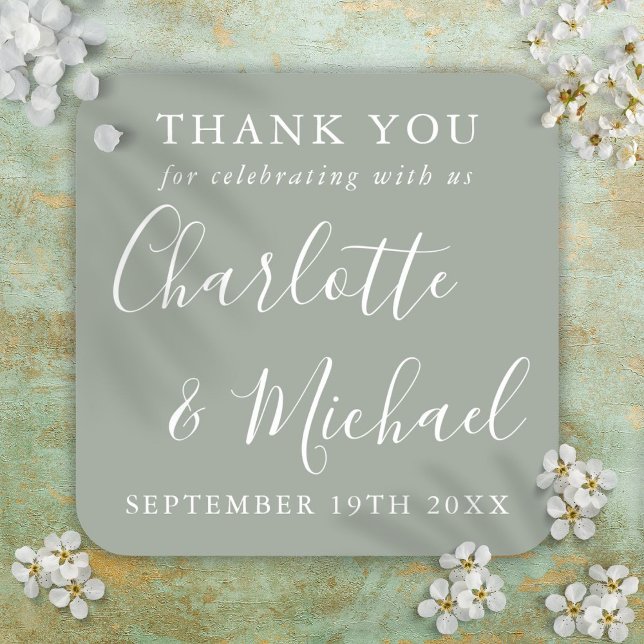 Pegatina Cuadrada Elegante Boda de escritura de firma Gracias (Elegant Signature Script Wedding Thank You Square Sticker)