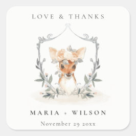 Pegatina Cuadrada Elegante Boda de Escudo de flores de ciervo agudo