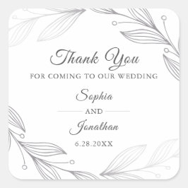 Pegatina Cuadrada Elegante Boda de hojas botánicas plateadas Gracias