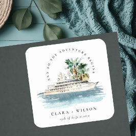 Pegatina Cuadrada Elegante Boda de la Palm Seascape del Barco de Cru