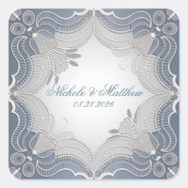 Pegatina Cuadrada Elegante Boda De Lace En Gradiente Azul