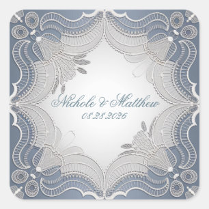 Pegatina Cuadrada Elegante Boda De Lace En Gradiente Azul