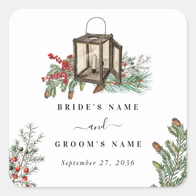 Pegatina Cuadrada Elegante Boda de Lantern de Pine Trees Rustic Invi (Anverso)