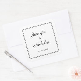 Pegatina Cuadrada Elegante Boda De Letra Negra Y Blanca