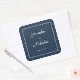 Pegatina Cuadrada Elegante Boda de Letra Script Azul Marino