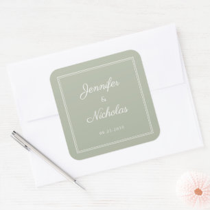 Pegatina Cuadrada Elegante Boda de Letra Script Verde Salvia