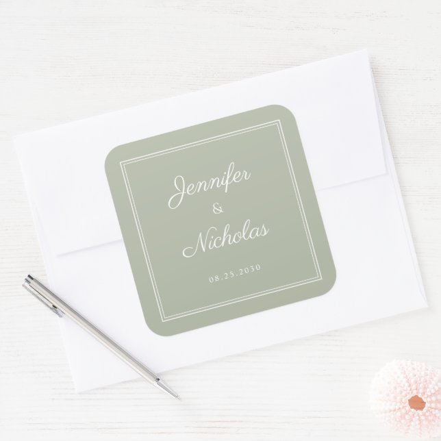 Pegatina Cuadrada Elegante Boda de Letra Script Verde Salvia (Sobre)