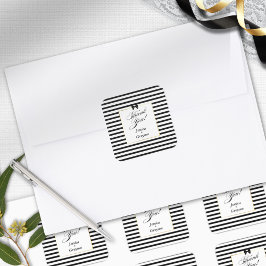 Pegatina Cuadrada Elegante Boda de marco dorado de franja blanca neg