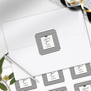 Pegatina Cuadrada Elegante Boda de marco dorado de franja blanca neg