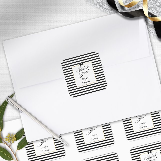 Pegatina Cuadrada Elegante Boda de marco dorado de franja blanca neg (Subido por el creador)