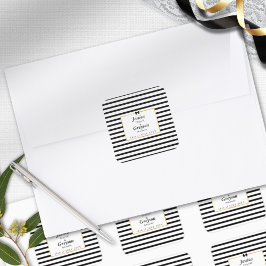 Pegatina Cuadrada Elegante Boda de marco dorado de franja blanca neg