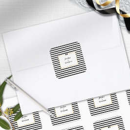 Pegatina Cuadrada Elegante Boda de marco dorado de franja blanca neg