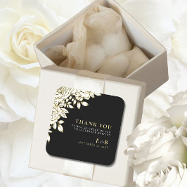 Pegatina Cuadrada Elegante Boda de Monograma Floral Black White Gold