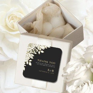 Pegatina Cuadrada Elegante Boda de Monograma Floral Black White Gold