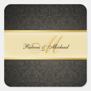 Pegatina Cuadrada Elegante Boda de Monograma negro y dorado Damask