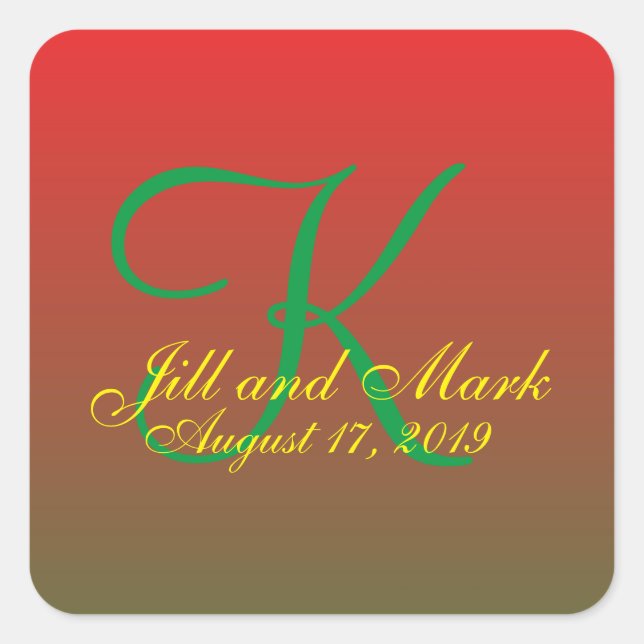 Pegatina Cuadrada Elegante Boda de Monograma Personalizado Rojo (Anverso)
