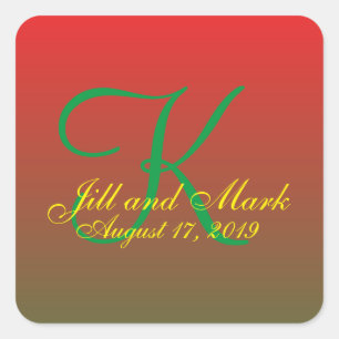 Pegatina Cuadrada Elegante Boda de Monograma Personalizado Rojo
