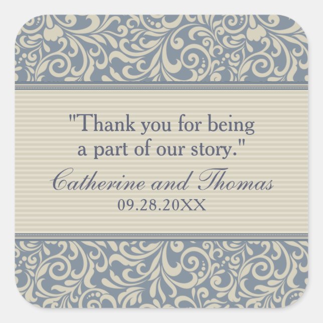 Pegatina Cuadrada Elegante Boda de patrones azul y beige (Anverso)