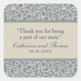 Pegatina Cuadrada Elegante Boda de patrones azul y beige