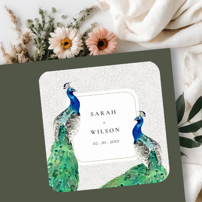 Pegatina Cuadrada Elegante Boda de pavo real ornato elegante (Subido por el creador)