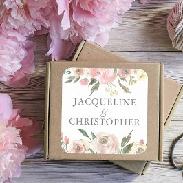 Pegatina Cuadrada Elegante Boda de Peonía con Flores de Marfil Rosa 