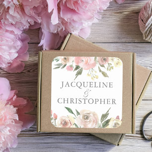 Pegatina Cuadrada Elegante Boda de Peonía con Flores de Marfil Rosa
