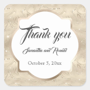 Pegatina Cuadrada Elegante Boda de Relieve metalizado Sandy Gold Fau