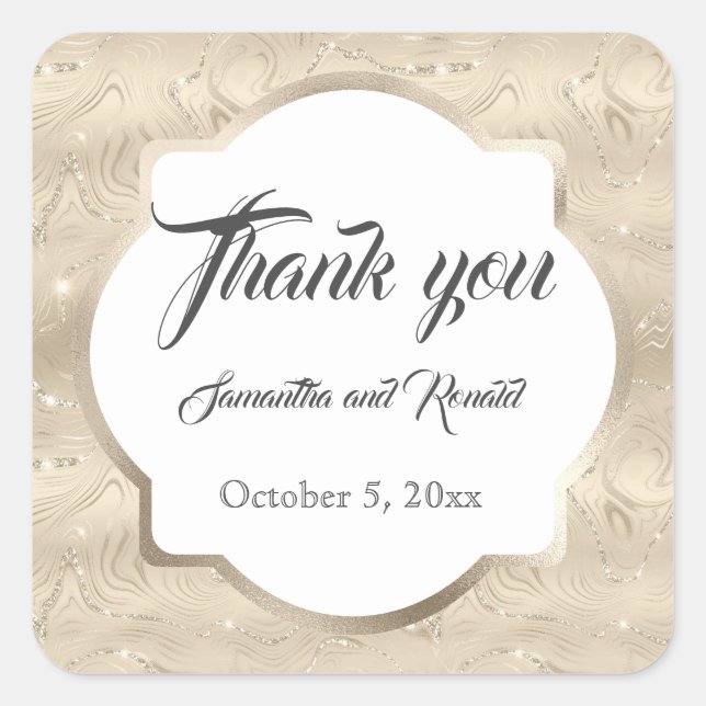 Pegatina Cuadrada Elegante Boda de Relieve metalizado Sandy Gold Fau (Anverso)