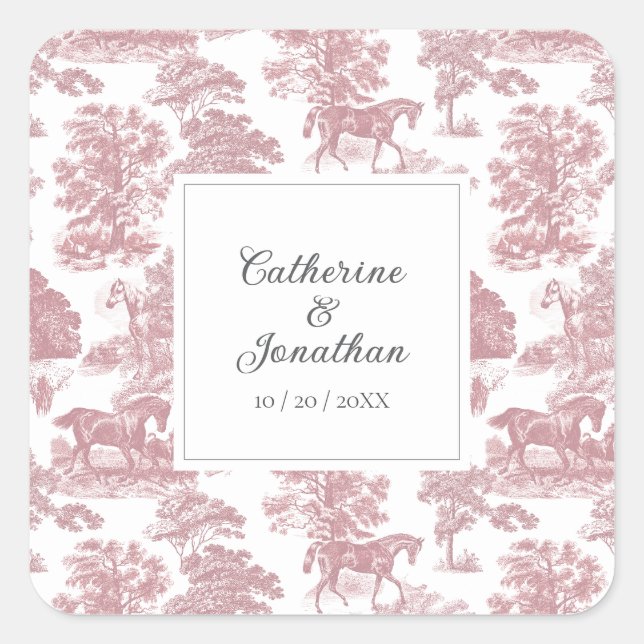 Pegatina Cuadrada Elegante Boda de tela de caballo rosa de Moda de é (Anverso)