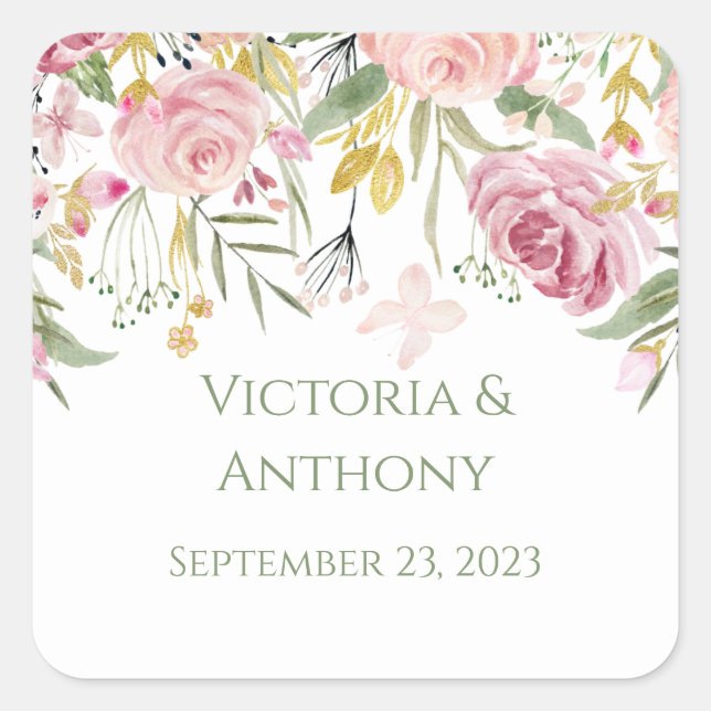 Pegatina Cuadrada Elegante Boda de Tipografía Floral Rosa (Anverso)